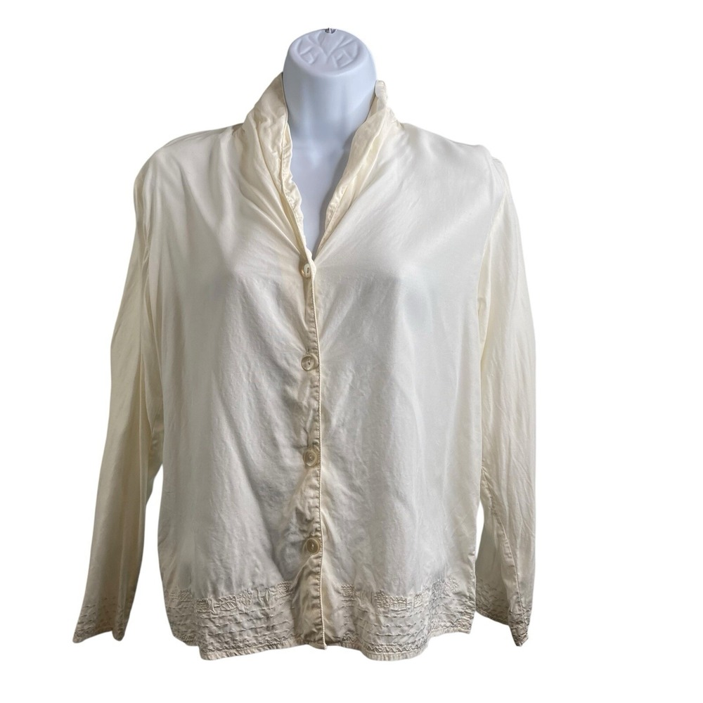 VTG 90s Putumayo Ivory Embroidered Button Up Blouse Sz S Classic Artsy Boho-Chic